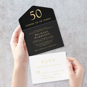 Tout En Un Invitation Soirée de 50e anniversaire en noir élégant