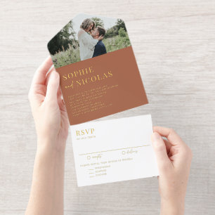 Tout En Un Invitation Terracotta Moderne écriture manuscrite Mariage pho