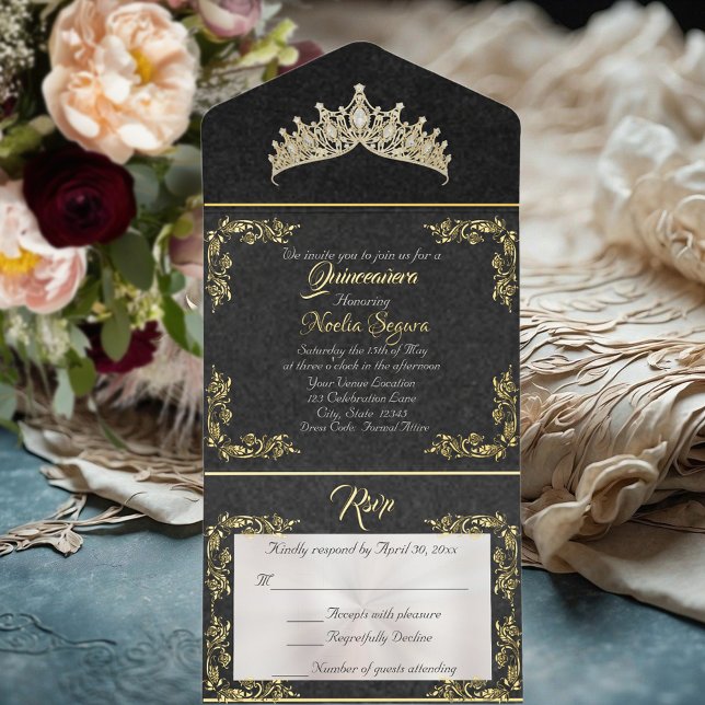 Tout En Un Invitation Tiara & Foil Leaf Frame Quinceanera - Black/Gold (Créateur téléchargé)