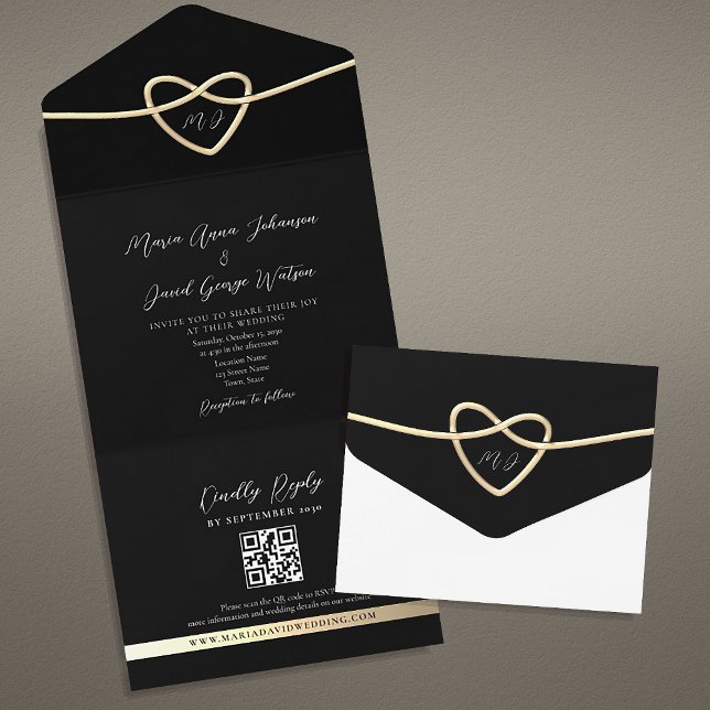 Tout En Un Invitation tout-en-un du Mariage noir Monogram Gol (Créateur téléchargé)