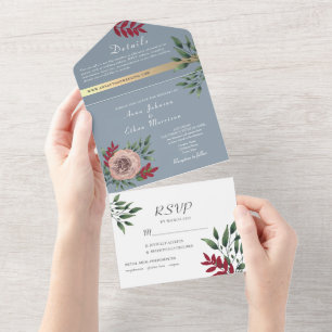Tout En Un Invitation tout-en-un rustique à fleurs bleu pouss