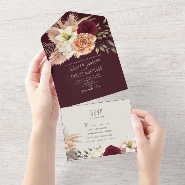 Tout En Un Invitation tout-en-un Rustique Boho Burgundy (Déchirure)