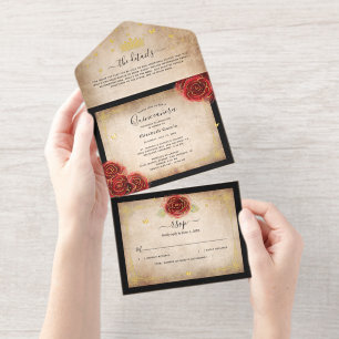 Tout En Un Invitation Vintage Real Gold Foil Black et Red Quinceanera