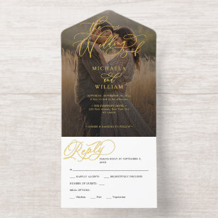 Tout En Un Invitation *VRAI FOIL* Photo de mariage à l'écriture élégante