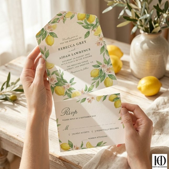 Tout En Un Invitation Watercolor Wreath Mediterranean Citrus Wedding (Créateur téléchargé)