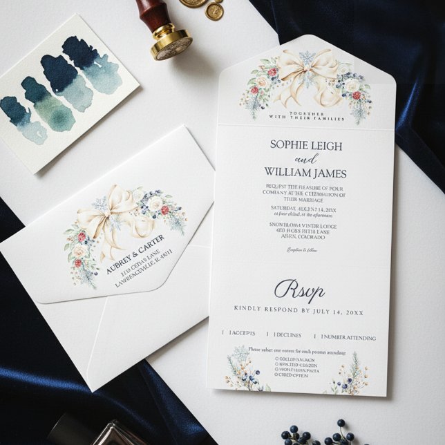 Tout En Un Invitation Winter Cream Bow Dusty Blue Blush Floral Wedding (cream bow floral wedding design)