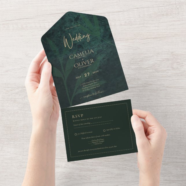 Tout En Un LeahG Emerald Forest Green Gold Wedding Invitation (Déchirure)