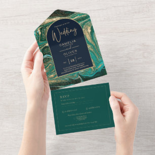 Tout En Un LeahG Emerald Green Gold Agate Mariage Invitation