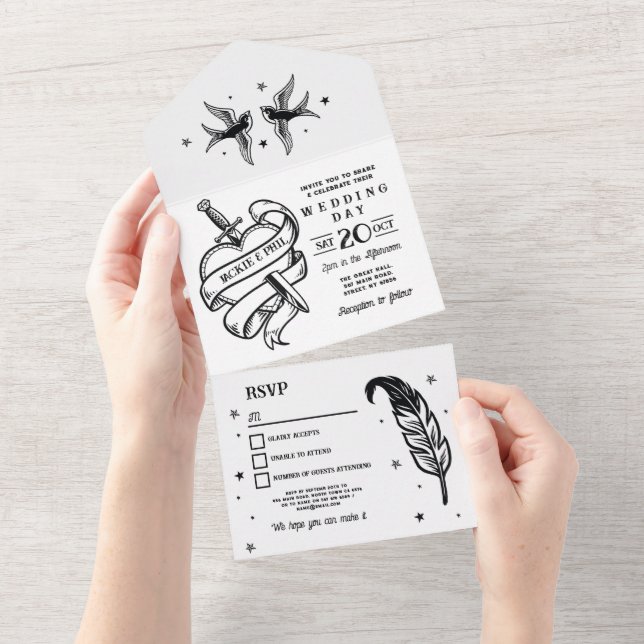 Tout En Un Mariage de tatouage Invitation & RSVP Oiseaux card (Déchirure)