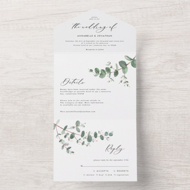 Tout En Un Mariage Eucalyptus botanique moderne invitation +  (À l'intérieur)