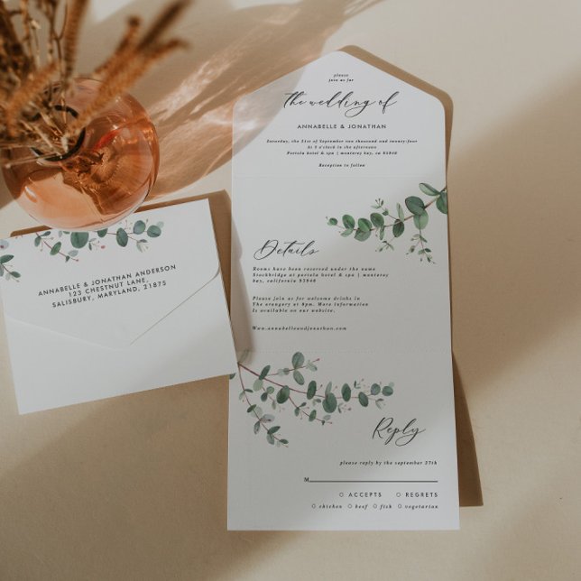 Tout En Un Mariage Eucalyptus botanique moderne invitation +  (Créateur téléchargé)