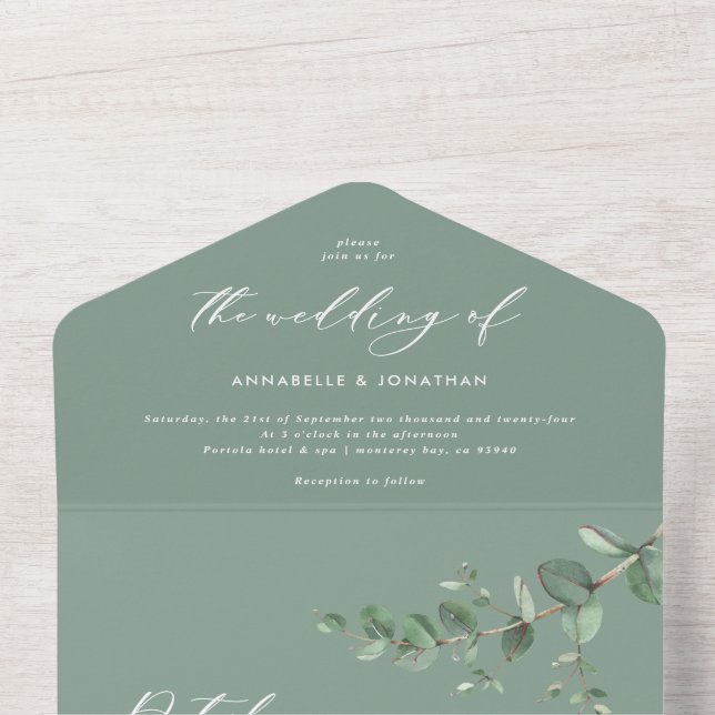 Tout En Un Mariage Eucalyptus budget sauge vert invitation an (À l'intérieur du haut)