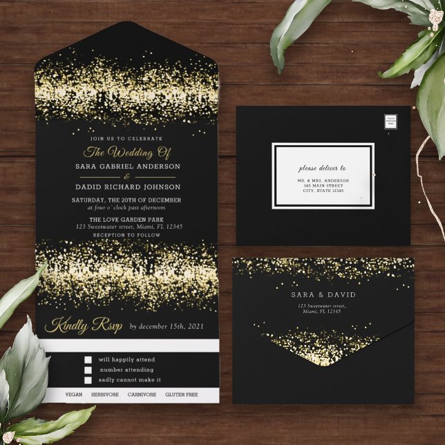 Tout En Un Modern Black Glitter Wedding All In One Invitation (Créateur téléchargé)
