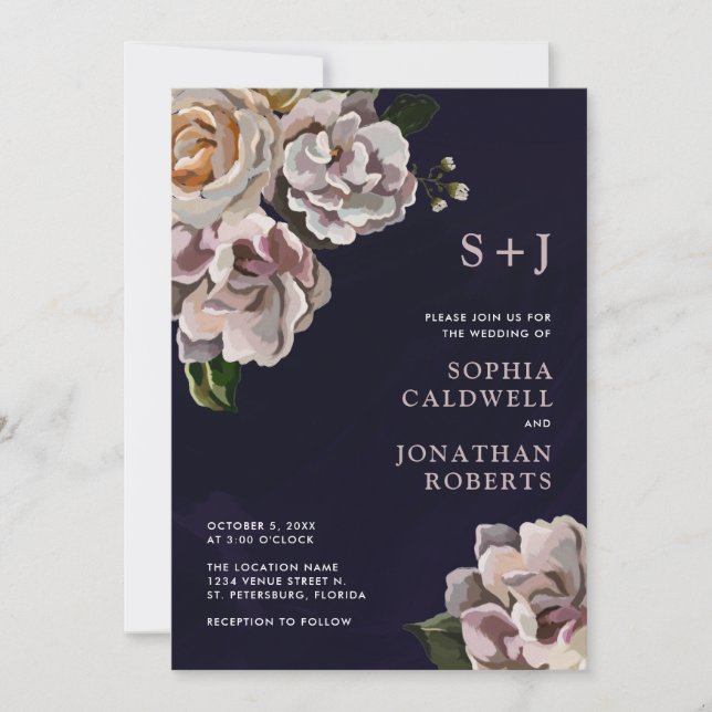 Tout en un Moody Floral Navy Faire-part de mariage (Devant)