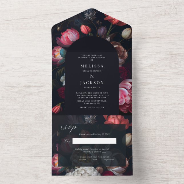 Tout En Un Moody Peony Floral Mariage Arch Invitation (À l'intérieur)