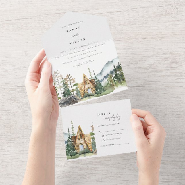 Tout En Un Mountain Pine Forest Cabine de mariage Invitation (Déchirure)
