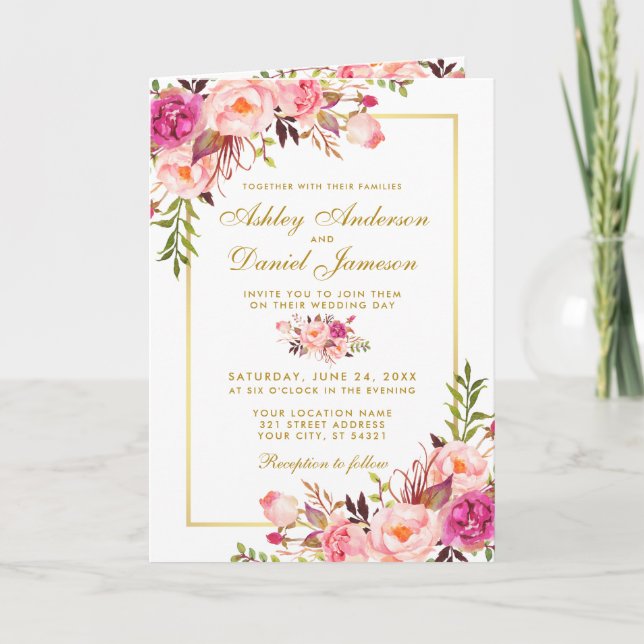 Tout en un rose Floral Mariage Gold Invitation (Devant)