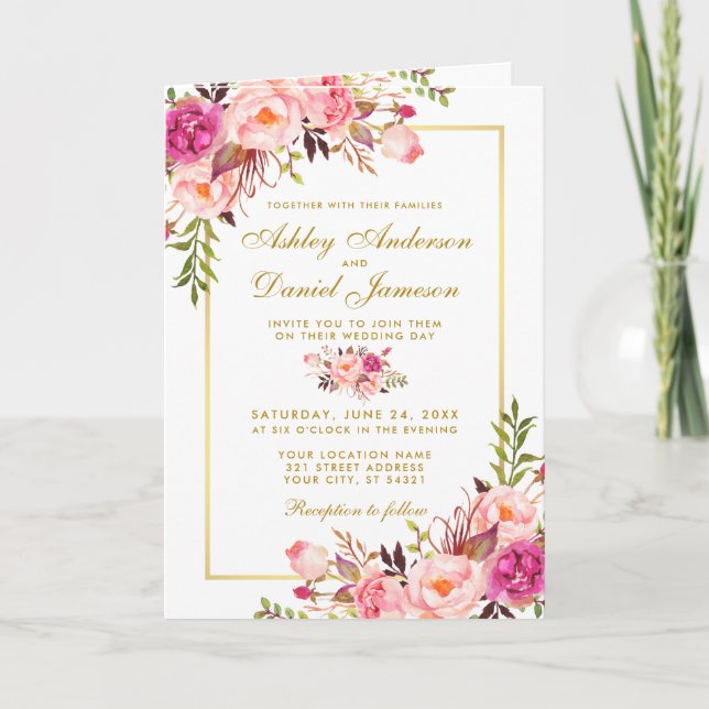 Tout en un rose Floral Mariage Invitation photo (Devant)