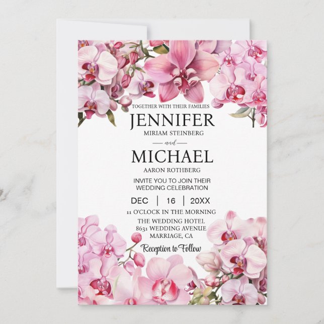Tout en un rose Orchidées Invitations de mariage (Devant)