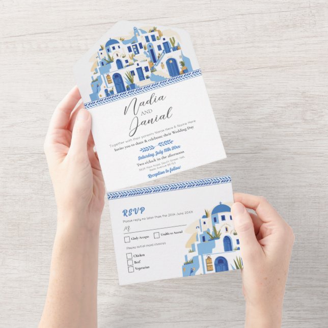 Tout En Un Santorini Grèce Mariage grec Invitation et RSVP (Déchirure)