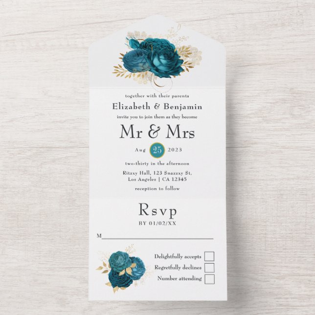 Tout En Un Sarcelle - Invitation de mariage florale turquoise (À l'intérieur)