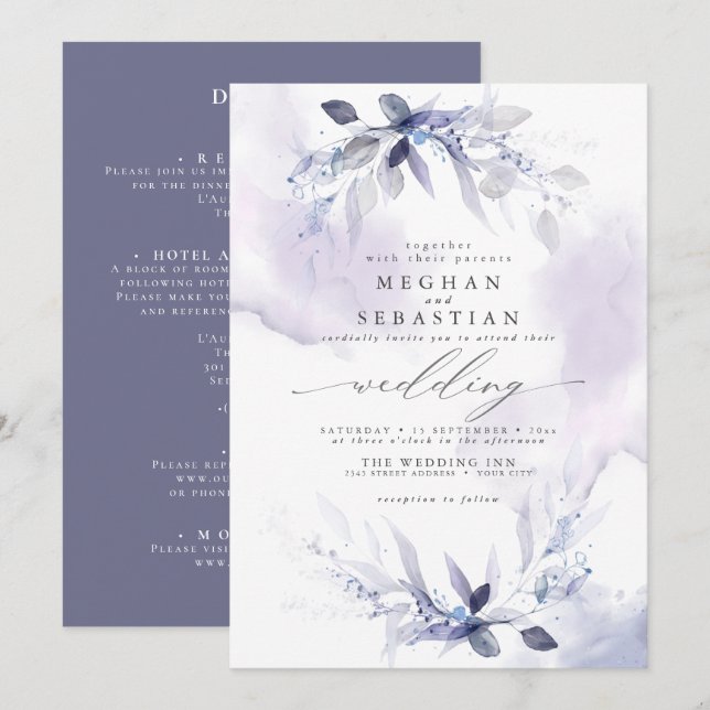 TOUT en UNE Invitation Mariage Aquarelle Prune (Devant / Derrière)