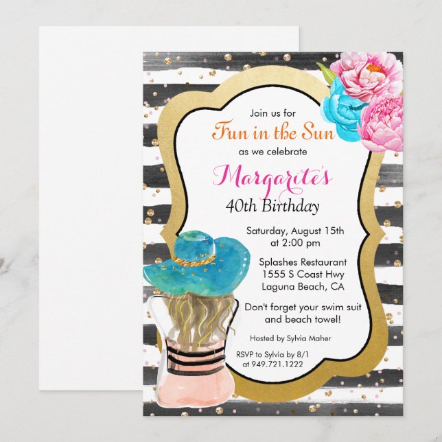 TOUT ÉVÉNEMENT - Invitation florale à rayures aqua (Devant / Derrière)