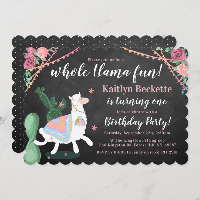 Tout Le Plaisir Llama ! Invitation de fête d'anniv (Devant / Derrière)