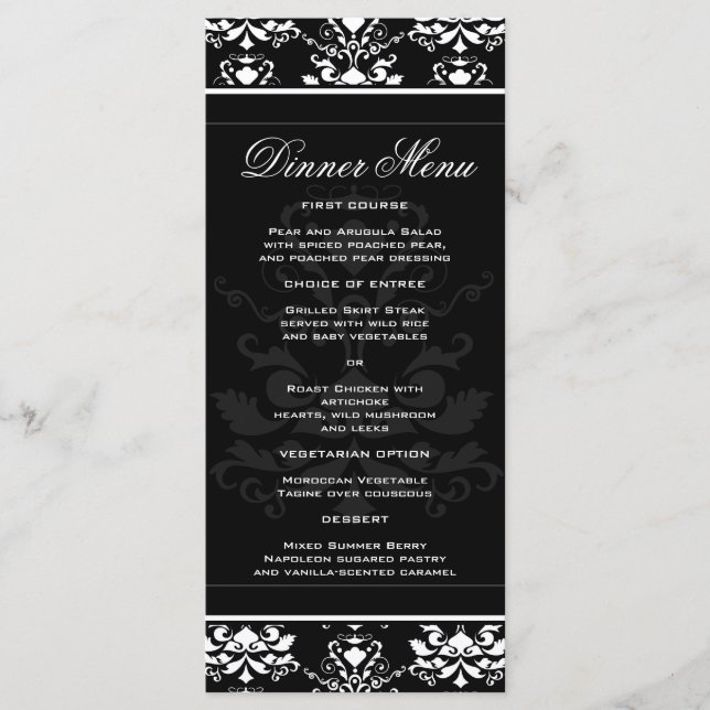 Tout noir avec blanc Damas Élégant menu mince Dîne (Devant)