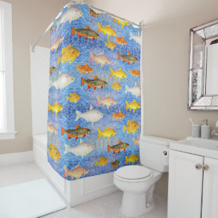 Tout un tas de poissons dans le rideau de douche d