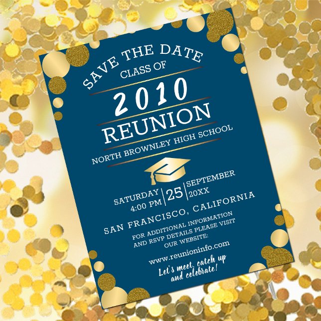Toute année Classe école Réunion Invitation (School class reunion invitation design with golden confetti)