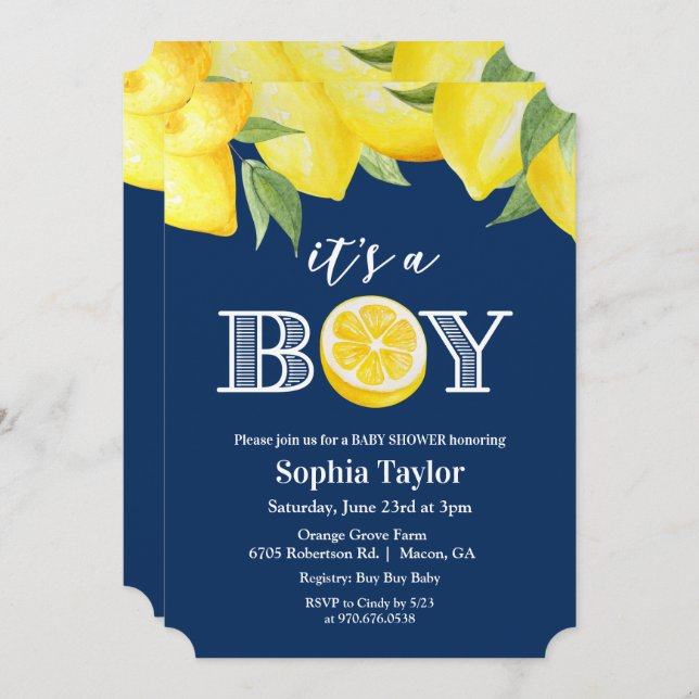 TOUTE COULEUR - Boy Lemon Baby shower Invitation (Devant / Derrière)