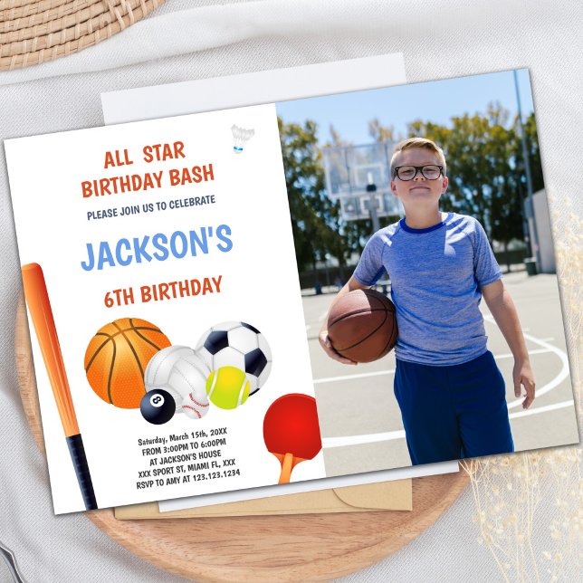 Toutes les invitations d'anniversaire de Star Spor (All Star Sports Birthday Invitations with photo)