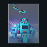 Toy Robos sur la carte postale d'attaque<br><div class="desc">Les robots de jouets rétro se défendent et attaquent les jouets invasion d'ovnis</div>
