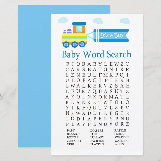 Toy Train Baby shower Word Search Jeu (Devant / Derrière)