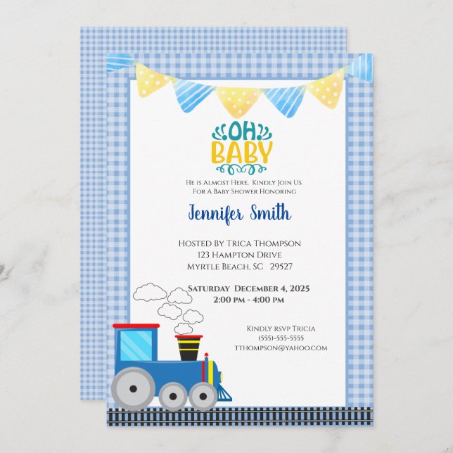 Toy Train Boys Baby shower bleu Invitation (Devant / Derrière)