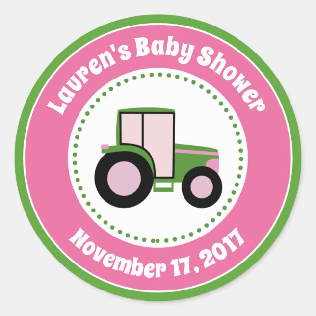 Tracteur Baby shower Favoriser Stickers Fille rose (Devant)