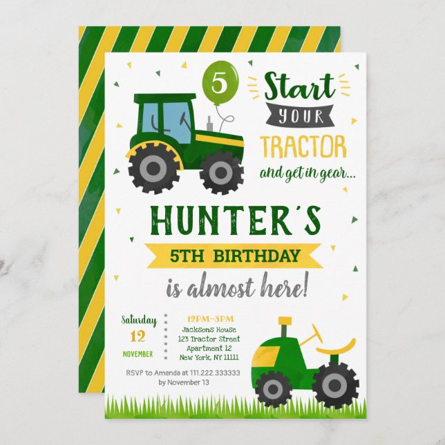 Tracteur fermier Anniversaire Fête Invitation (Devant / Derrière)