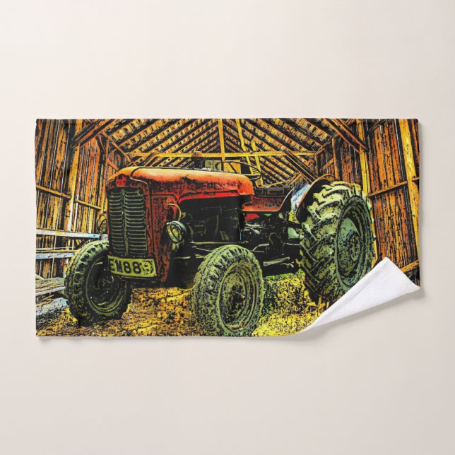 Tracteur rouge antique Grange rustique (Serviette à main)