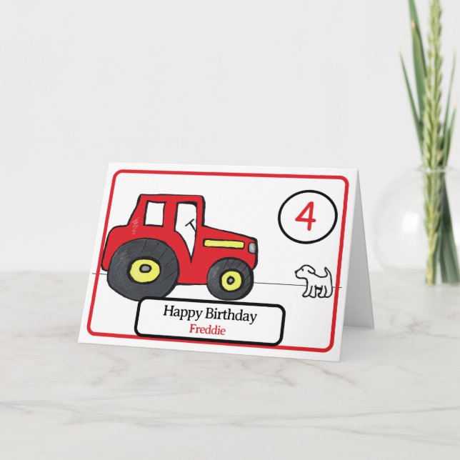 tracteur rouge & chien carte de 4e anniversaire (Devant)