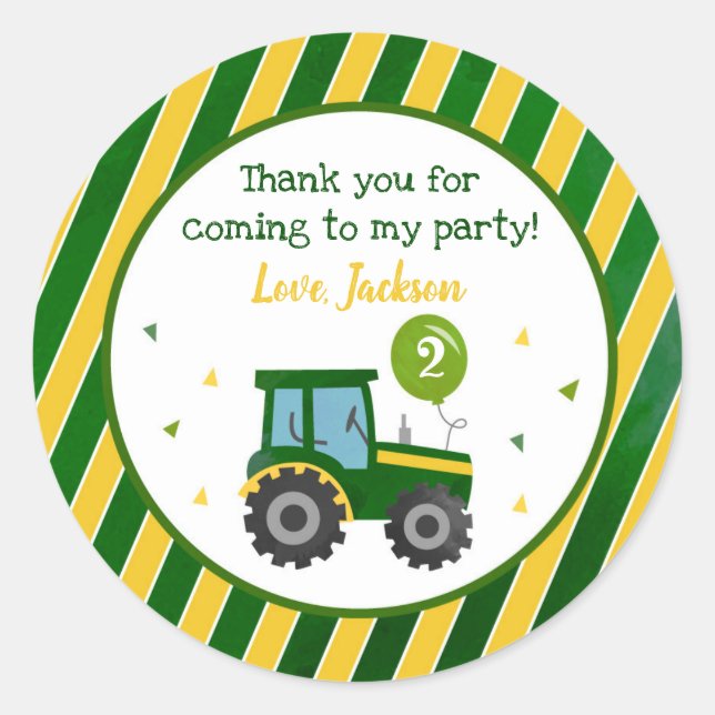 Tracteur vert Anniversaire Fête Favoriser Stickers (Devant)