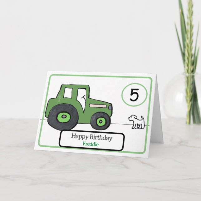 tracteur vert & chien 5e anniversaire carte (Devant)
