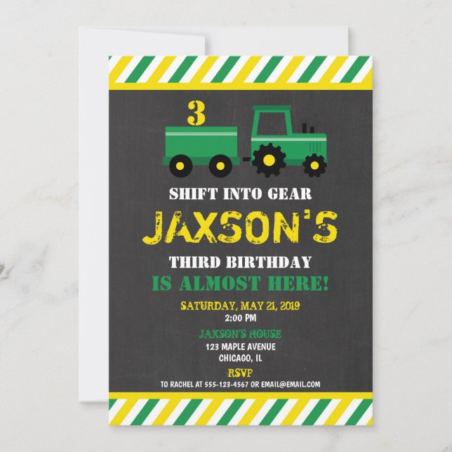 Tracteur vert et jaune invitation d'anniversaire g (Devant)