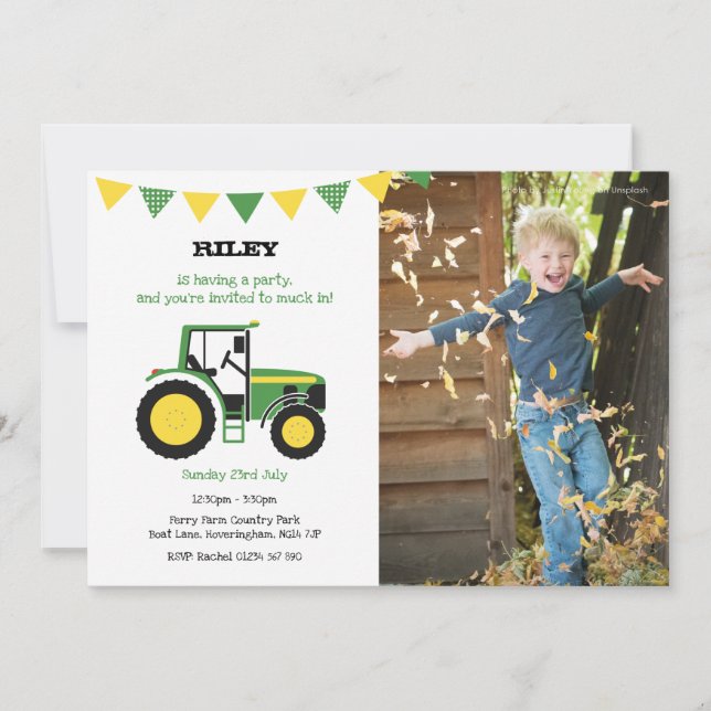 Tracteur vert Invitation de fête d'anniversaire av (Devant)