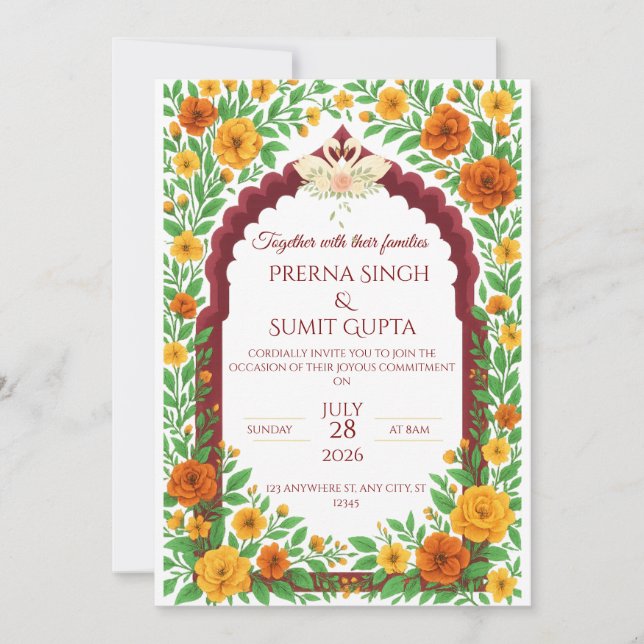 Traditional Indian Floral Wedding Invitation  (Devant)