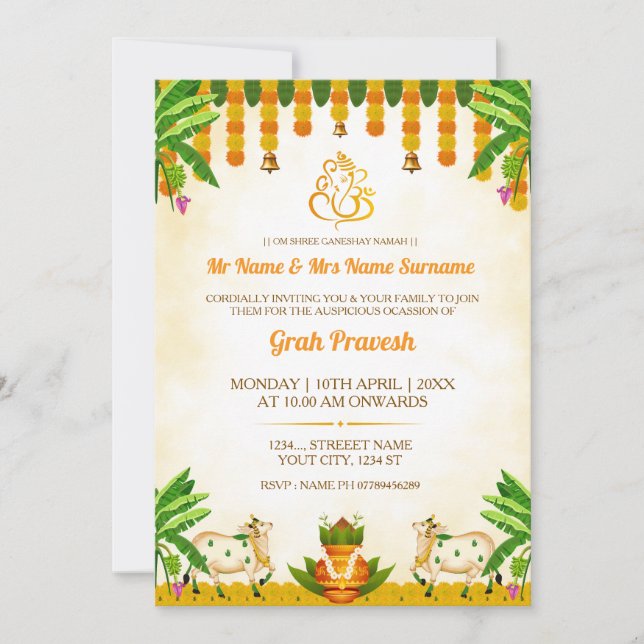 Traditional Indian Graha Pravesh Invitation Card (Devant)