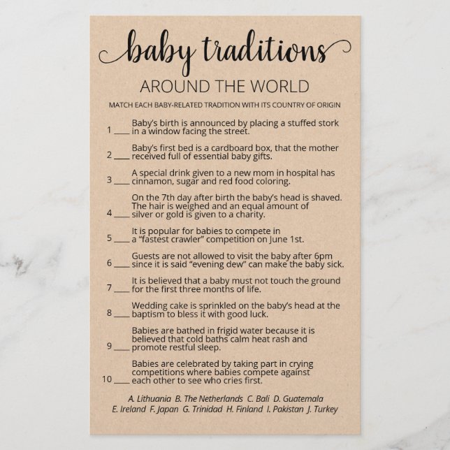 Traditions de bébé Jeu de Baby Shower avec réponse (Devant)