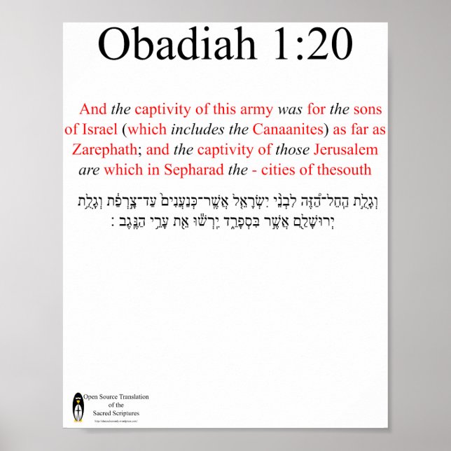 Traduction Open Source Obadiah 1:20 Affiche (Devant)