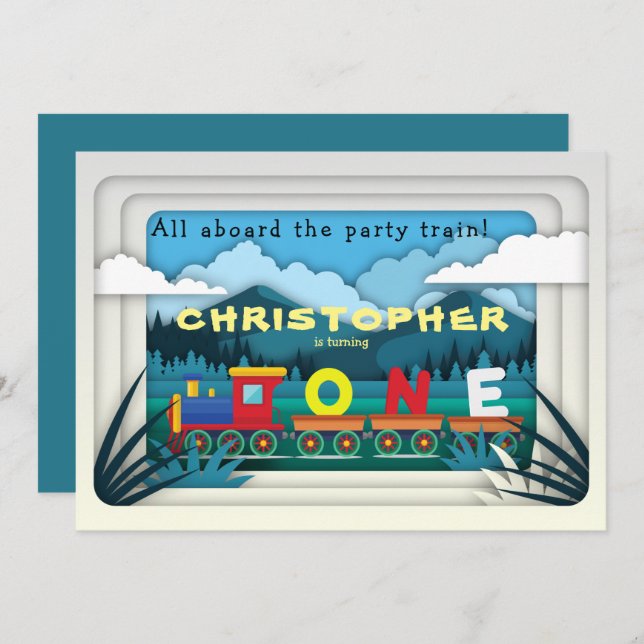 Train 1er Anniversaire Fête Invitation Boy Railway (Devant / Derrière)