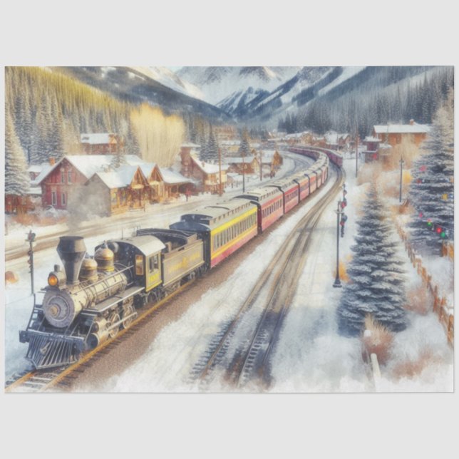 Train à l'aquarelle en hiver avec papier de soie n (Recto)
